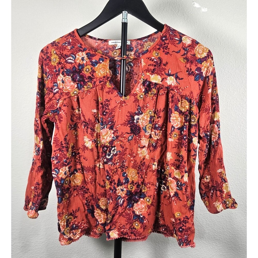 American Eagle XS Floral Boho Blouse Rust Orange Peasant Top Festival Shirt